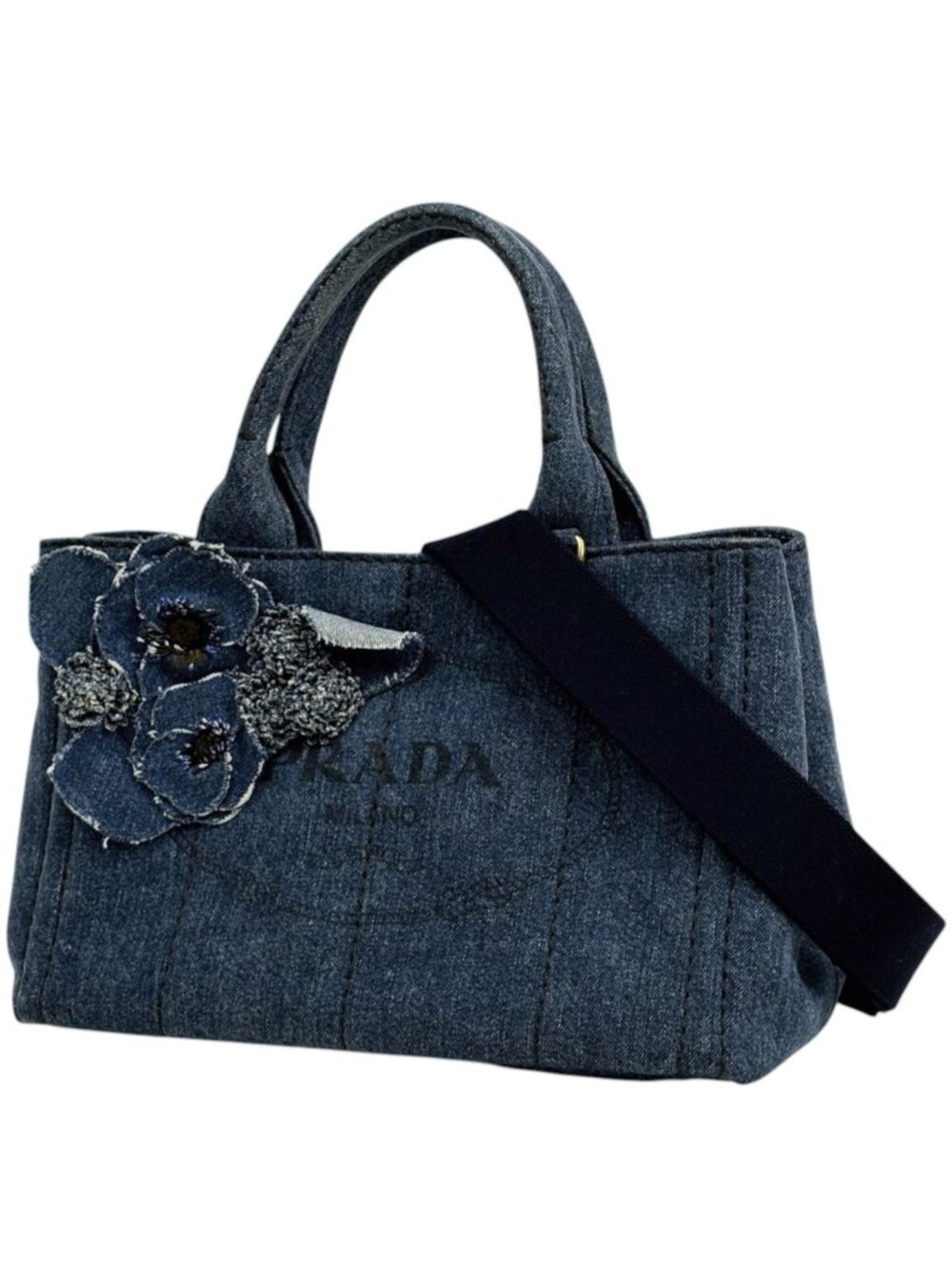 Prada Tote Bag Canapa 2-Way Flower Denim Blue